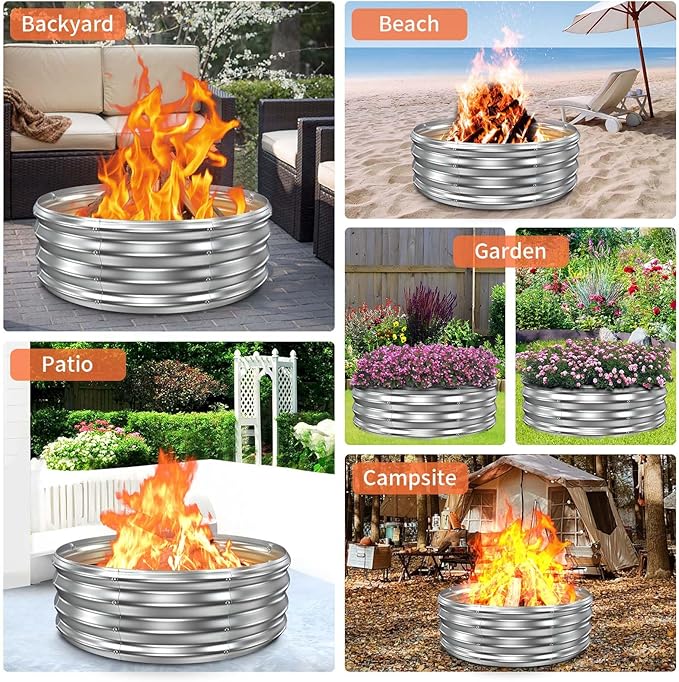 36 Inch Fire Pit Ring for Outside, Heavy Duty Wood Burning Firepit & Outdoor Fireplace,DIY In Ground or Above Ground,Portable Galvanized Steel Fire Pits Bowl for Backyard Bonfire,Patio,Camping,Round