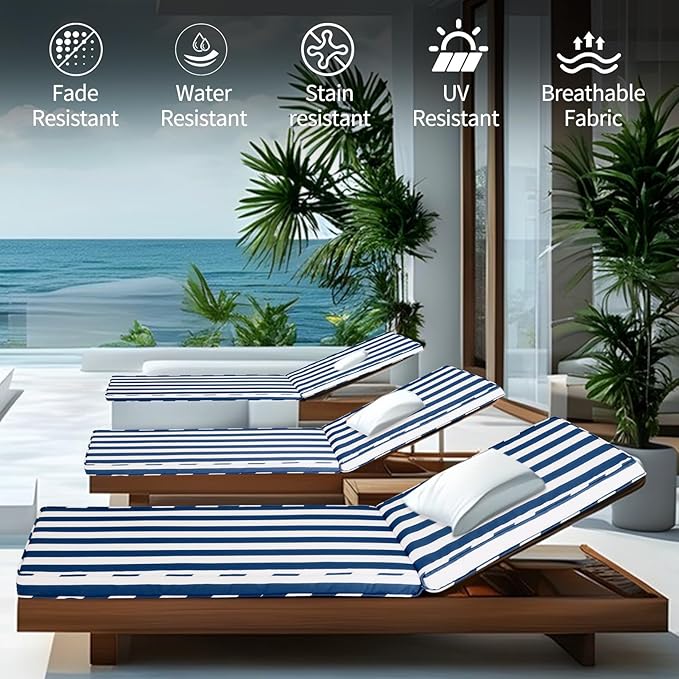 Outdoor Chaise Lounge Cushions for Patio, 71"x22"x3" Lounge Chair Cushions, Waterproof Replacement Seat Pads for Outdoor Furniture (Navy Blue+White Stripes, 1 Pcs)
