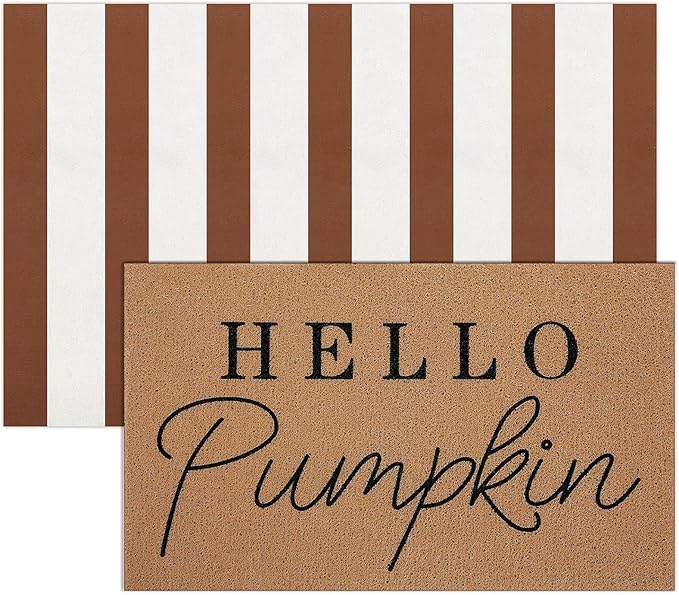 Tinideya 2 Pcs Fall Door Mat Hello Pumpkin Welcome Non Slip Coir Mats Thanksgiving Brown White Stripe Harvest Floor Layering Doormats Seasonal for Front Porch Entryway Decor(Brown White)