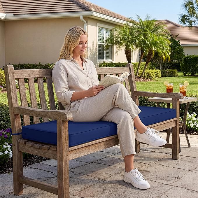 Outdoor Bench Cushion: Waterproof and Fade Resistant Patio Furniture Cushions - Non-Slip Bench Pad Cushion with Removable Cover for Garden Swing Porch Sofa Settee, 59 x 18 Inch, Navy Blue