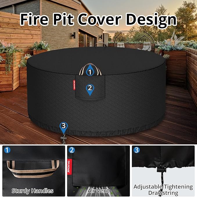 [2026 Upgraded 900D Fabric] Outdoor Fire Pit Cover for 48-50 inch Fire Pit, 900D Heavy Duty Waterproof Patio Table Cover with Air Vent,Handle & Tightening Drawstring, 50"Dia x 24"H-Black