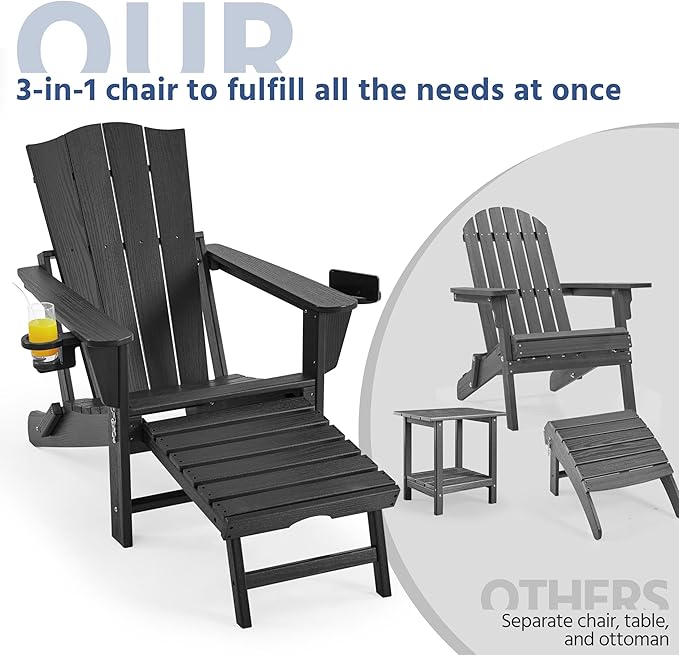 Yaheetech Adirondack Chair with Retractable Ottoman, All Weather Patio Folding Fire Pit Chair with Cup Holder and Phone Holder for Outdoor Poolside, Black