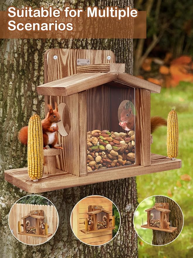 Squirrel Feeder for Outside, Durable Wooden Squirrel Feeder Platform, Funny Squirrel Houses Picnic Table, Squirrel Feeders for Outdoors Tree Peanuts Nuts Corn Cobs Holder Wooden Chipmunk Feeder Box