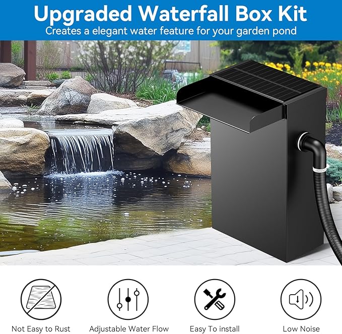 POPOSOAP Pond Waterfall Spillway with LED Lights, 304 Stainless Steel Waterfall Kit with Filtration & 9.8FT Tubing, 660GPH Pond Pump Fountain Kit for Outdoor Garden, Patio, 13.4" H x 8"W-P432D