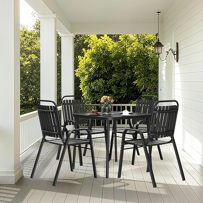 Pamapic Outdoor Dining Sets for 4, Square Table with Adjustable Umbrella Hole with 4 Plastic Chairs, 5 Piece Patio Table and Chairs Set for Garden, Backyard, Poolside and Lawn (Black)