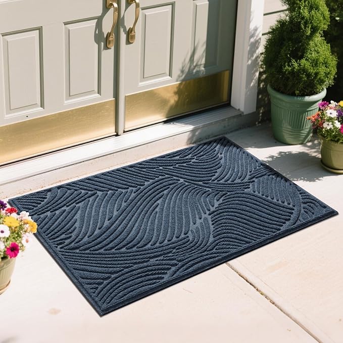 Yimobra Doormat Indoor Outdoor Entrance, Simple Stripes, All-Weather Waterproof & Non-Slip Mat for Front Door, Heavy Duty Polyester Welcome Mat for Garage, Patio-47x32，Blue
