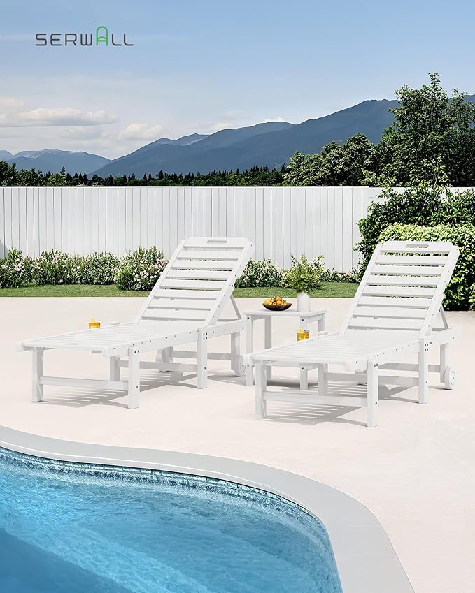 SERWALL Outdoor Chaise Lounge Chair, Pool Lounge Chair with 5 Positions Adjustable Backrest, HDPE Lounger with Rolling Wheels & Cup Holder for Poolside, Beach, Garden, White