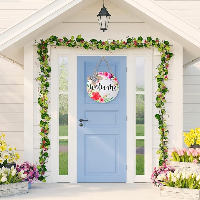 Yookeer Spring Summer Welcome Signs for Front Door Decoration Farmhouse Wreaths Door Hanger Rustic Wooden Welcome Flower Hanging Wall Porch Indoor Home Decor for Spring Summer Seasons Holiday