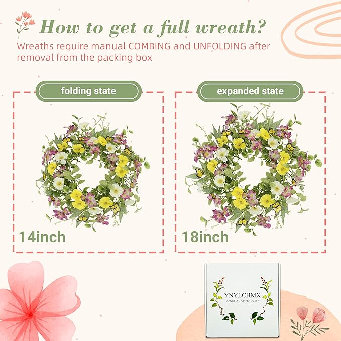 YNYLCHMX 18" Spring Summer Wreaths for Front Door, Artificial Wreath with Yellow Daisies Green Eucalyptus Leaves Butterflies, Green Foliage Wreath for Wall Window Farmhouse Party Holiday Home Decor
