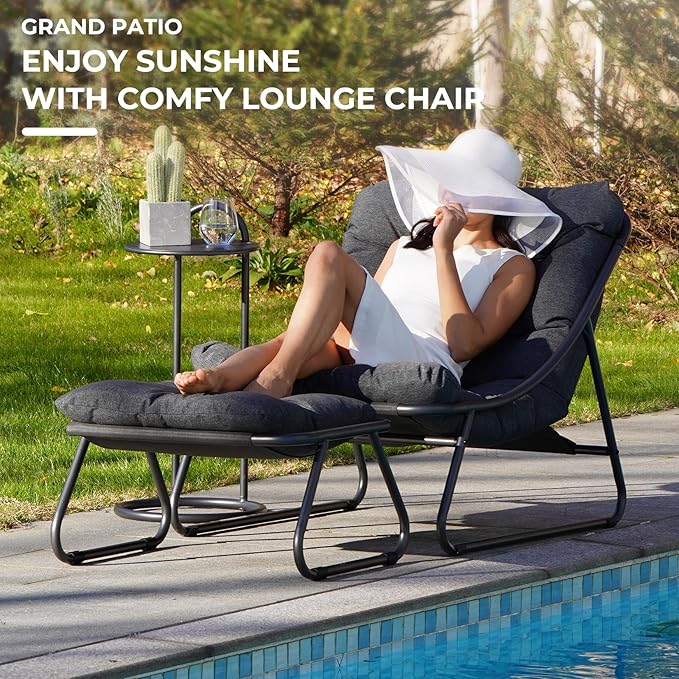 Grand patio Outdoor Lounge Chair with Ottoman, Comfy Sling Recliner Chair with Puffy Cushion and Foot Stool, Modern Patio Lounge Set for Porch Deck Garden, Dark Gray