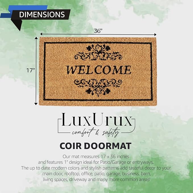 LuxUrux Welcome Mats Outdoor Coco Coir Doormat, with Heavy-Duty PVC Backing - Natural - Perfect Color/Sizing for Outdoor/Indoor uses. (17 x 36)