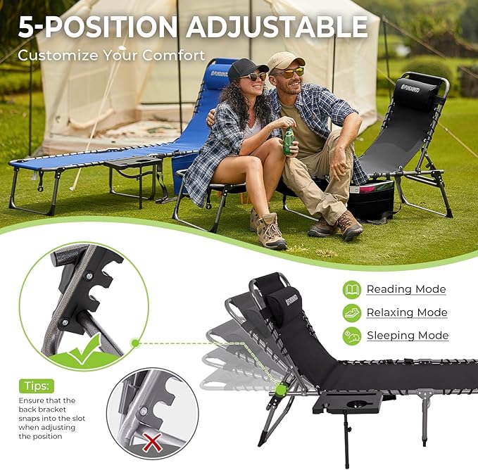 FUNDANGO Chaise Lounge Chair Outdoor, 5-Position Folding Tanning Chair with Detachable Side Table & Pillow, 180° Lay Flat Portable Beach, Heavy Duty U-Frame for Patio, Pool, Lawn, 265lbs (Black)