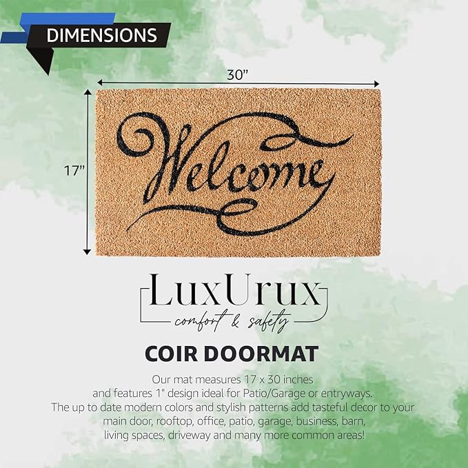 LuxUrux Welcome Mats Outdoor Coco Coir Doormat, with Heavy-Duty PVC Backing - Natural - Perfect Color/Sizing for Outdoor/Indoor uses. (17 x 30 inch, Welcome Khaki)