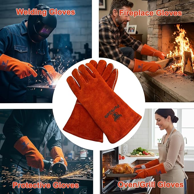 Welding Gloves 14 Inches, 932℉ Heat Fire Resistant Leather Welding Gloves for Tig/Mig/Stick, Mitts for BBQ/Oven/Grill/Fireplace/Furnace/Stove/Animal Handling Gloves with Soft Lining (Red)