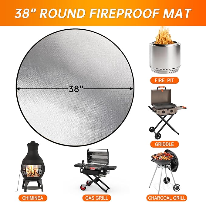 DocSafe 38" Round Fire Pit Mat for Solo Stove Bonfire,4-Layer Double-Sided Fireproof Heat Insulated Under Grill Mat Protector for Deck,Patio,BBQ,Oil-Proof and Reusable and Waterproof,Black＆Silver