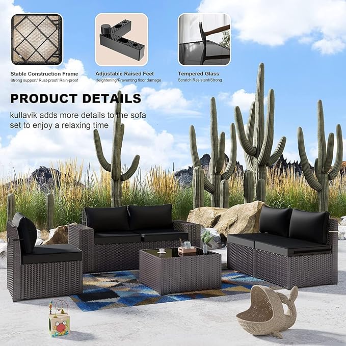 Kullavik 13 Pieces Outdoor Patio Furniture Set with 43" 55000BTU Gas Propane Fire Pit Table PE Wicker Rattan Sectional Sofa Patio Conversation Sets,Black