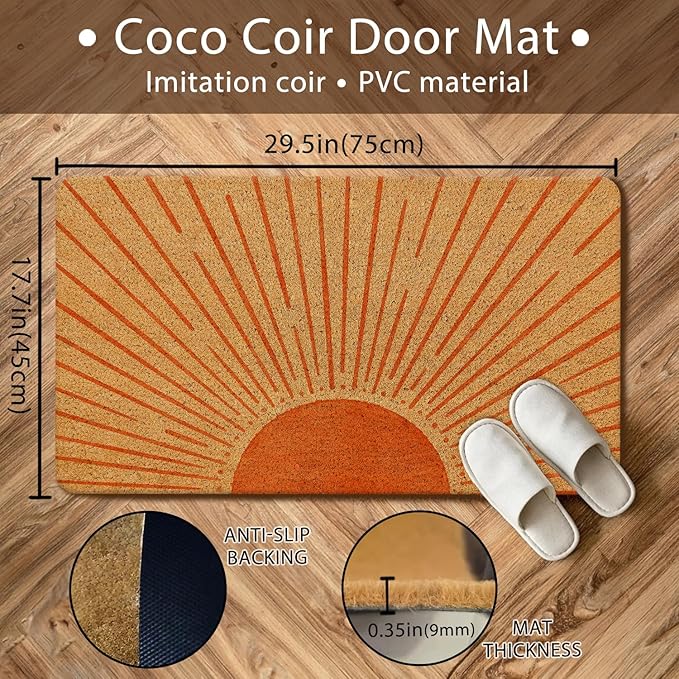 Nogrit Boho Coir Doormat for Outdoor Entrance, Boho Front Door Mats Welcome Door Mat Outdoor Indoor Sun Door Mats for Entryway, 17x30 (Orange Sun)