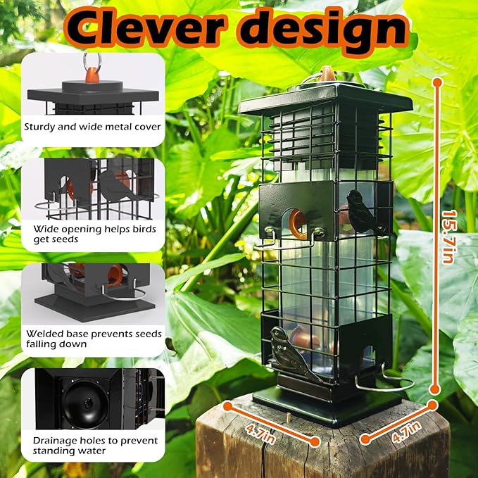 Squirrel Proof Bird Feeders for Outdoors Hanging, Metal Wild Bird Feeder with 4 Feeding Ports | 2.5 LB Capacity, Weather-Resistant for Year-Round Use,Dark Grey