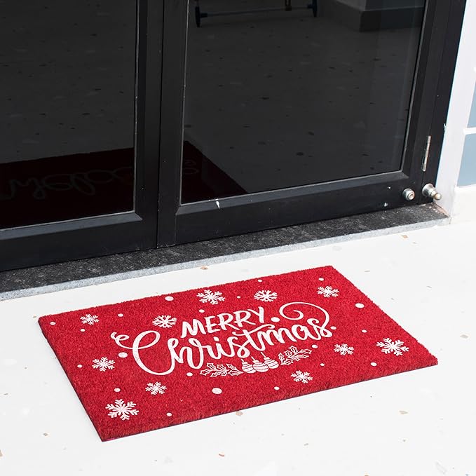 LuxUrux Merry Christmas Door Mat Outdoor 30x17 Inch - Elegant Winter Holiday Coir Doormat, Absorbent and Non-Slip for Outdoor Entrances Front Door.