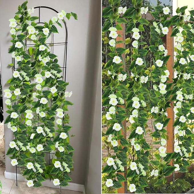 CISDUEO 2 Pcs Artificial Vines Silk Morning Glory Vines for Outdoor 15Feet Hanging Plants Garland White Fake Green Plant Morning Glories for Home Decor Wall Fence Stairway Wedding Hanging Baskets