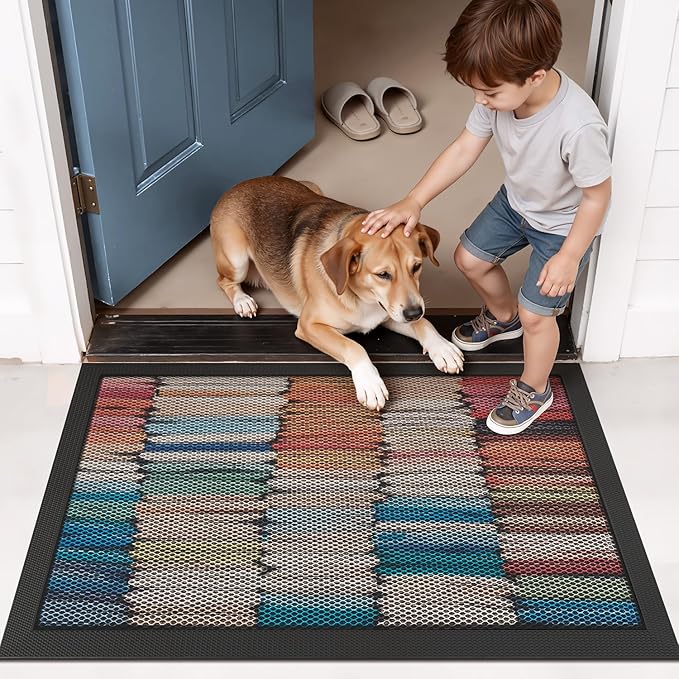 LUMI Outside Door Mat 17x30, Non Slip Rubber Backing Doormat, Low Profile Easy Clean Entrance Mats for Front Back Door Entryway Porch Garage, Colored Cloth