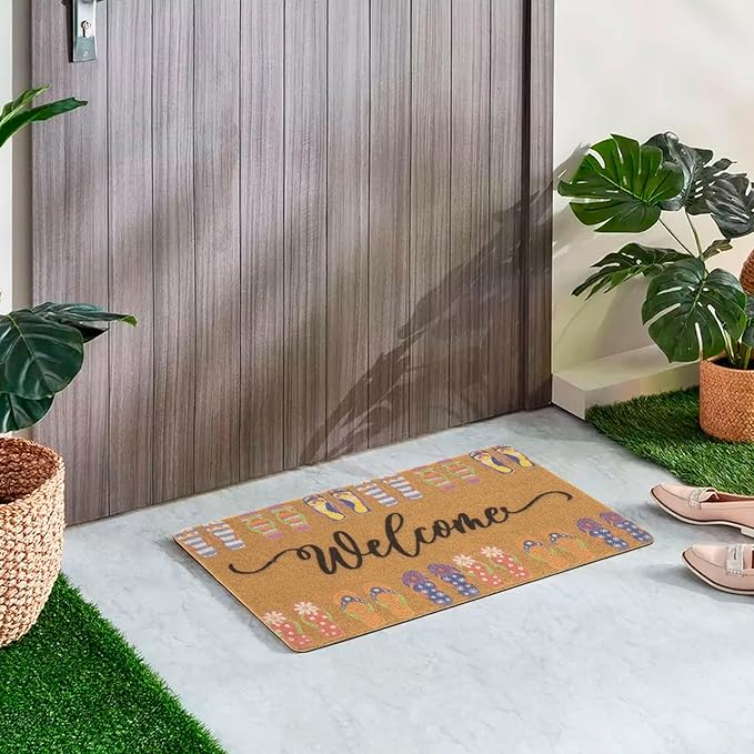 Summer-Door-Mat Outdoor-Entrance Cute Slippers Welcome-Doormat Non Slip Coir Front Door Mat for Summer Home Decor 17 x 29 Inch