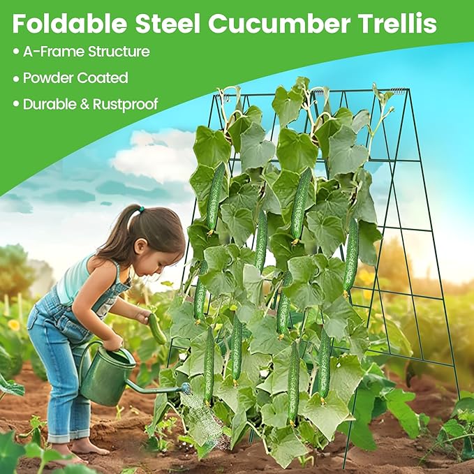 2 Pack Foldable Cucumber Trellis, 46" L X 18" W A-Frame Garden Trellis, Steel Climbing Plants Support Raised Bed Trellis with Twist Ties & Plant Bags for Climbing Plants Outdoor