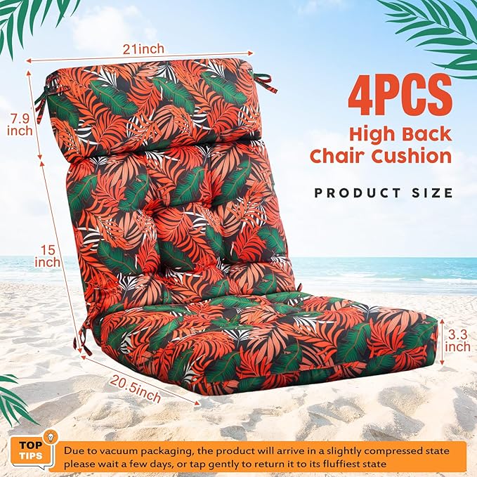 Barydat 4 Pcs Tufted High Back Chair Cushion Indoor Outdoor Seat and Back Cushions Palm Leaves Tropical Plants Lawn Rocking Chair Pads with Ties for Adirondack Patio Garden(Orange Green)