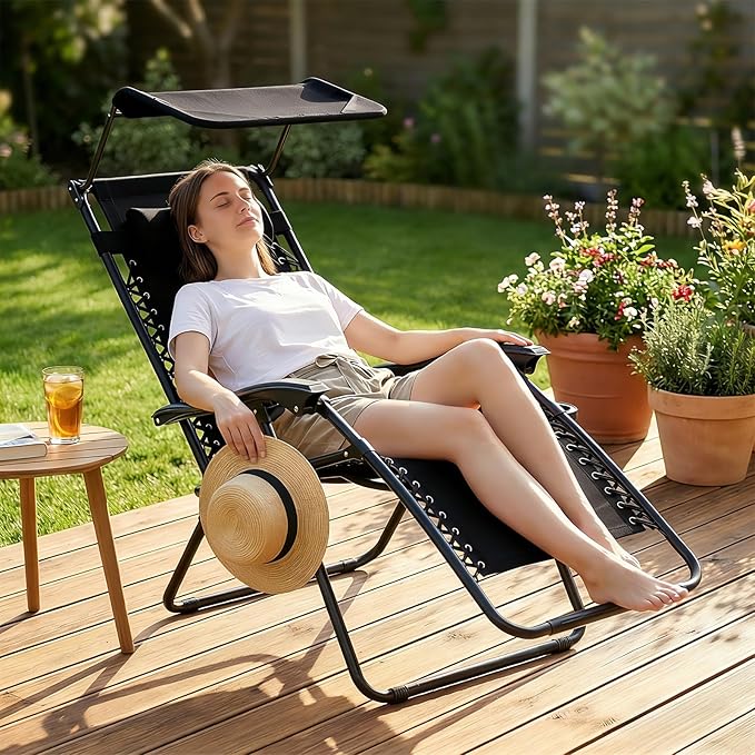 Magshion Zero Gravity Lounge Chair with Canopy, Outdoor Foldable Patio Reclining Chair with Side Tray, Adjustable Anti-Gravity Recliner with Pillow Headrest, Lounger for Lawn Camping Beach (Black)