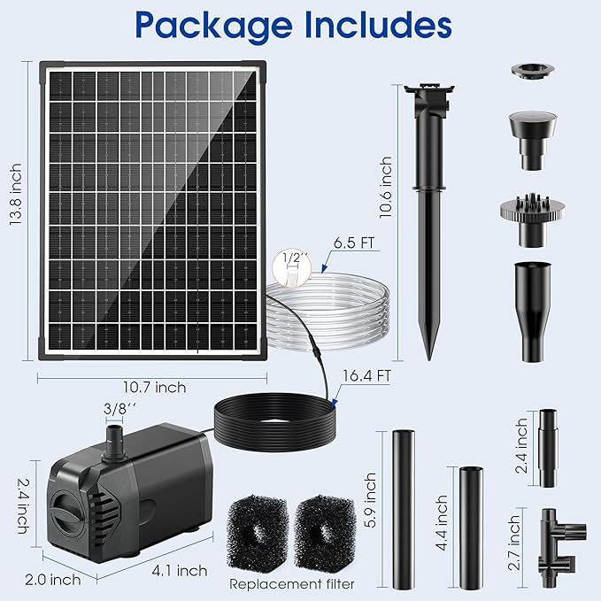 Biling 20W Solar Fountain Pump, 320GPH Submersible Solar Pond Pump with Filtration and Dry Run Protection, 7.5ft Lift, PVC Tubing and Nozzles for DIY Pond Fountain, Waterfall, Outdoor Water Features