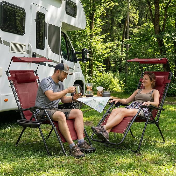 Magshion Zero Gravity Lounge Chair with Canopy, Outdoor Foldable Patio Reclining Chair with Side Tray, Adjustable Anti-Gravity Recliner with Pillow Headrest, Lounger for Lawn Camping Beach (Maroon)