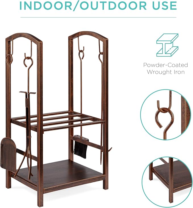 Best Choice Products 5-Piece Indoor Outdoor Wrought Iron Firewood Log Storage Rack Holder Firepit Tools Set for Fireplace, Fire Pit, Stove w/Hook, Broom, Shovel, Tongs - Copper