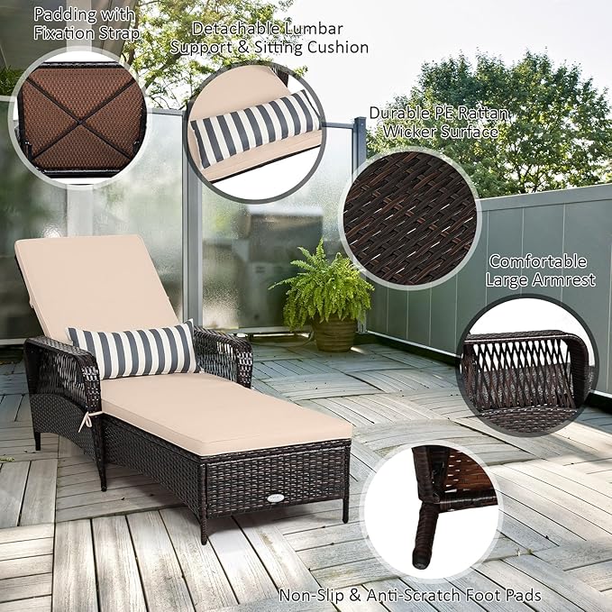 Tangkula Wicker Chaise Lounge Outdoor Set of 2, Patio Rattan Reclining Chaise with 6-Gear Adjustable Backrest, Thick Padded Cushion & Removable Lumbar Pillow, Pool Lounge Chairs for Outside Balcony