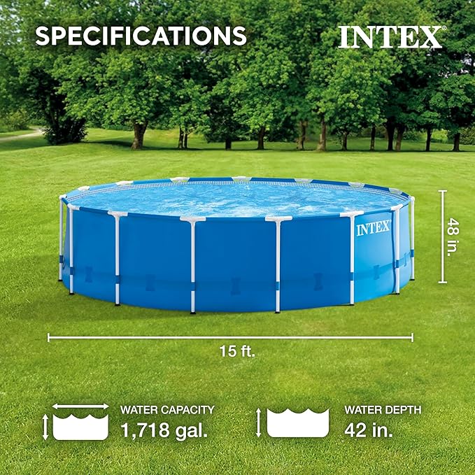 Intex 15 Foot by 48 Inch Round Metal Frame Above Ground Swimming Pool Set for Outdoor Use with Filter Pump, Ladder, Ground Cloth, and Cover, Blue