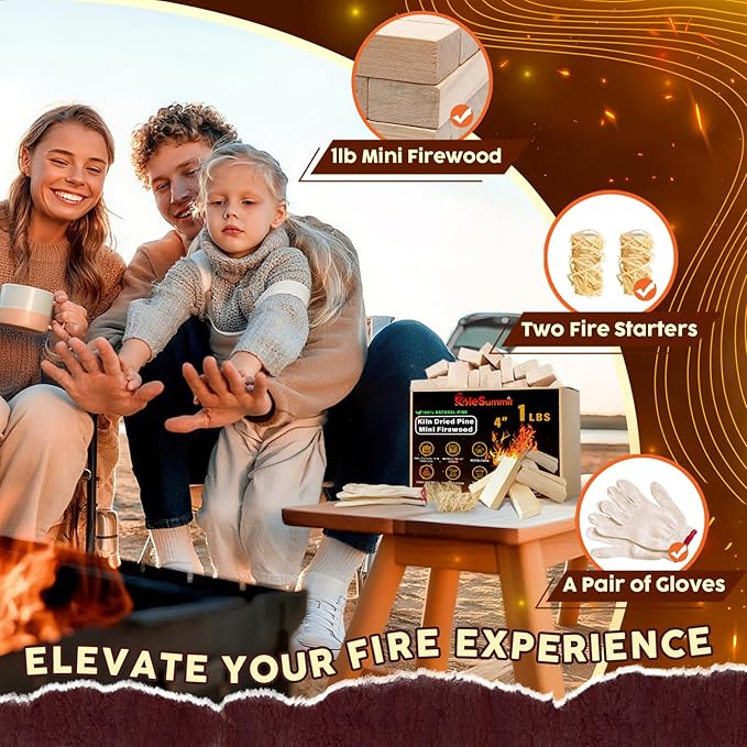 Mini Fire Stick with Fire Starters Gloves 4" Kiln Dried Pine Fire Pit Accessories Firewood Compatible with Wood Stoves, Tabletop Fire Pits, BBQ Grills & Pizza Ovens, 1 lb Box