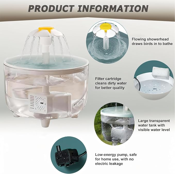 Large Bird Bath for Cage Parakeet Indoor, Parrot Bird Shower Budgie Bath with Pump Recirculating Filtration, Automatic Bird Water Dispenser, Cat Drinking Fountain for Pet (Clear)