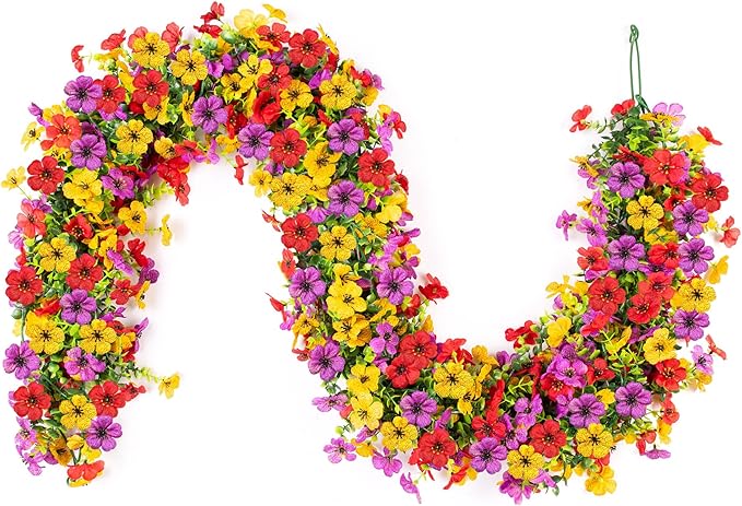 Artificial Flowers Garland Ivy, 4 Pack 5.9 FT Spring Summer Decor UV Resistant Fake Mums Floral Vine Silk Daisy Hanging Flower for Home Garden Wedding Decor Photo Booth Backdrop(Red purple yellow)