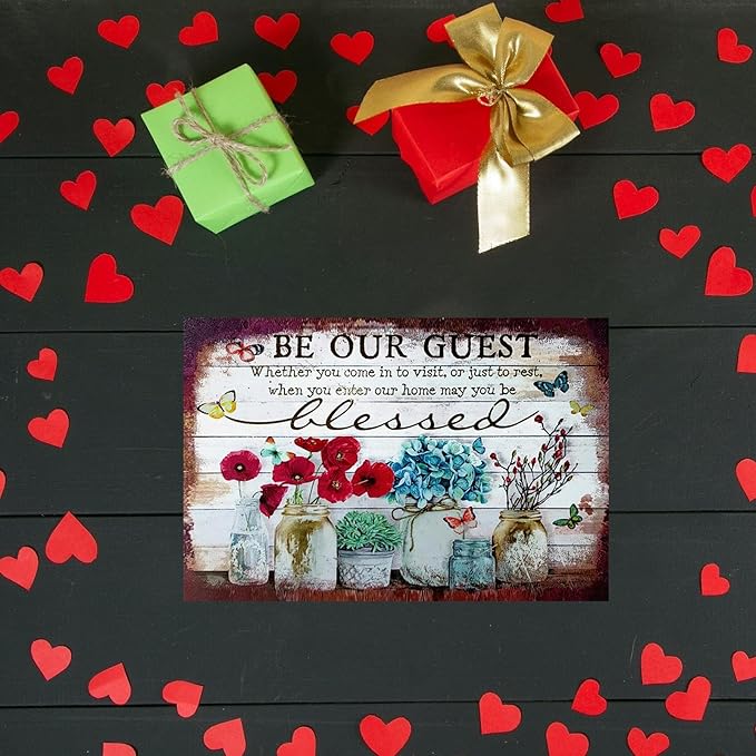 Flowers Metal Poster, Country Rustic Tin Sign, Butterfly be Our Guest, Yard Garage Farm Outside Garden Wall Decor Plaque Outdoor for Home Fence 8 X 12 Inch