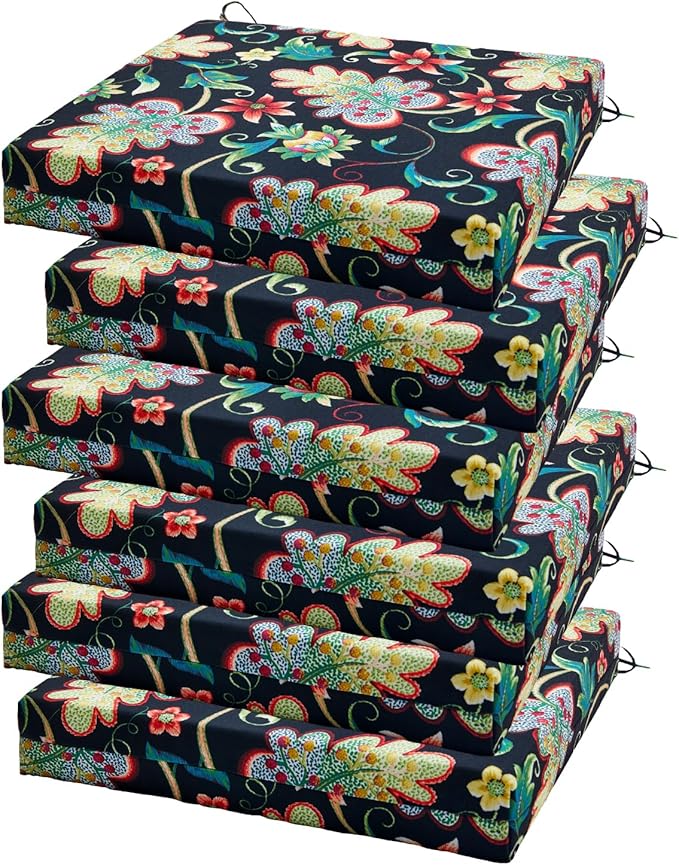 Outdoor Chair Cushions Set of 6, 18.5 x 16 Inch Patio Chair Cushions for Outdoor Furniture, Water Resistant, Non-Slip Ties (Black Floral)