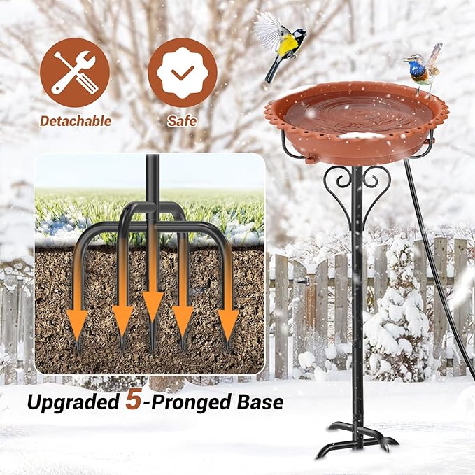 Heated Bird Bath for Outside Winter, Powerful 100W Thermostat Control Water Heated BirdBaths Bowl for Outdoors with 5-Prong Metal Base Heated Bird Bath for Garden Patio Yard Lawn (Brown)