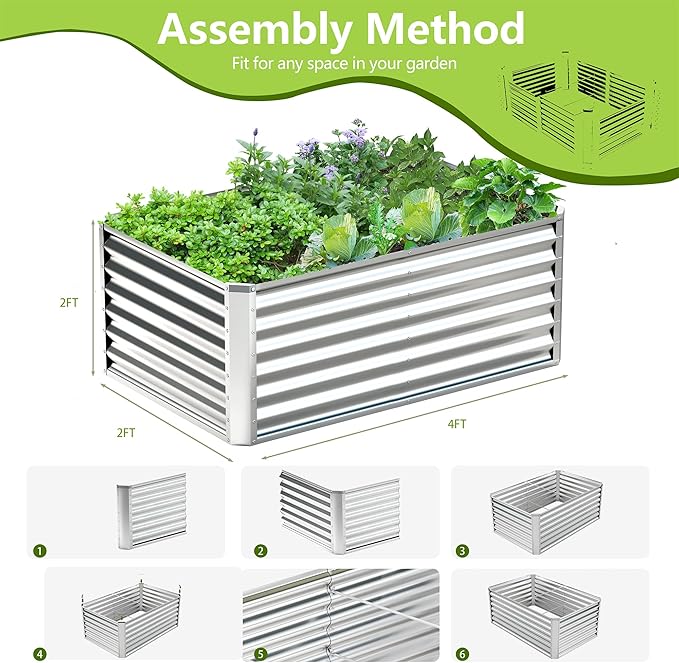 4x2x2FT Galvanized Raised Garden Bed Kit, Galvanized Planter Raised Garden Boxes Outdoor, Large Metal Raised Garden Beds for Vegetables-Silver