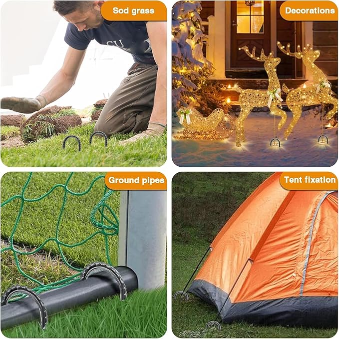 12 Inch Rebar Stakes Heavy Duty, 10 Pack Garden Stake U-Hook, Electrostatic Rust Proof Metal Stakes for Tent, Landscape,Outdoor Decorations, Fabric Ground Cover, Tube Fixing (Black, U-12in-10pc)