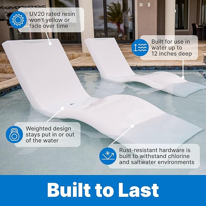 Step2 Vero Pool Lounger, Fade-Resistant, Waterproof Patio Furniture, Pool Lounge Chair for Sun Shelf, Use in Pools with Shelves Up to 9-Inches Deep or Outside Pool Deck, Weighted, White