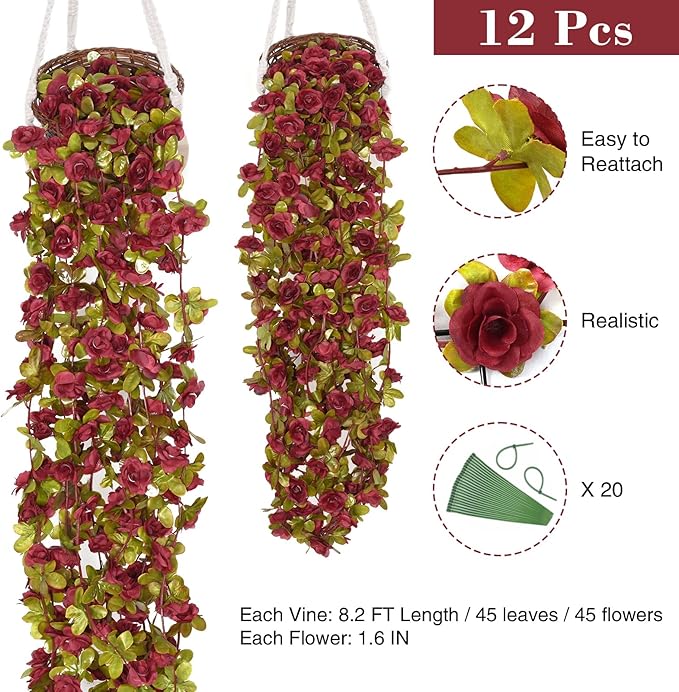 BLEUM CADE 12Pcs 98.4Ft Flowers Garland Artificial Rose Vines for Bedroom, Cute Fake Hanging Flower Vines Floral Garland Decorations for Wedding Party Wall Room Decor Aesthetic