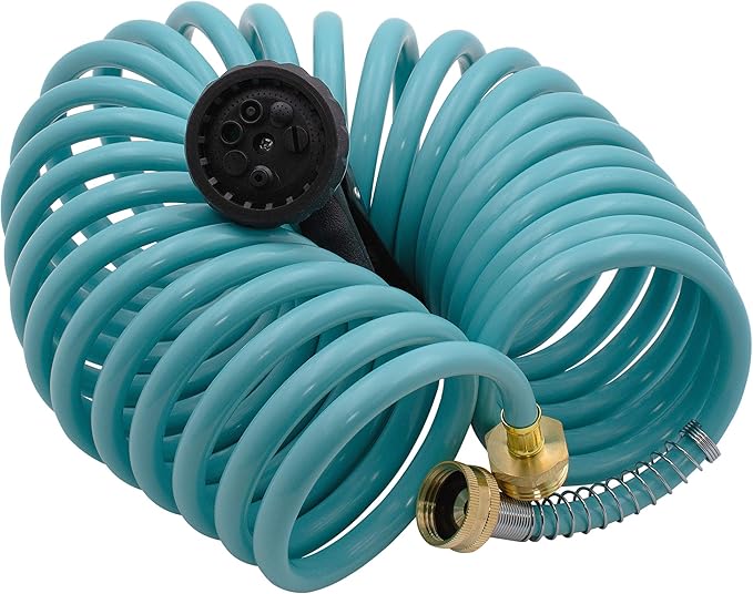 AUTOMAN EVA Recoil Garden Hose 25ft - Includes 7 Pattern Spray Nozzle,Curly Water Hose 25 Foot,Watering Coil,Retractable,Corrosion Resistant Garden Coil Hose.