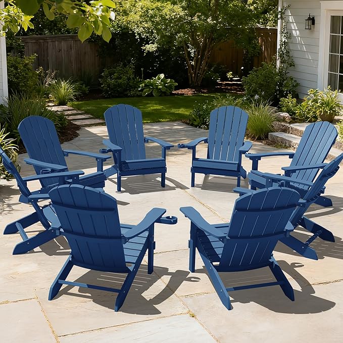 YEFU Adirondack Chairs Set of 8: Outdoor Chair HIPS Plastic Adirondack Chairs - Patio Chairs with Wood Texture - Lawn Fire Pit Deck Porch Garden Chairs for Adults (Navy Blue)