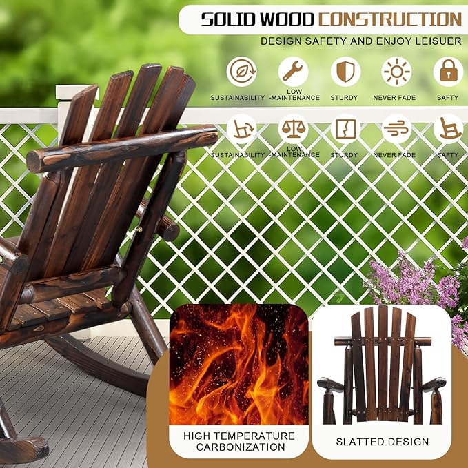 Outvita Wooden Rocking Chair Set of 2, Fir Log Adirondack Rocker, Outdoor Wood Accent Furniture Lounge Chairs for Garden Patio Backyard Porch (Dark Brown)