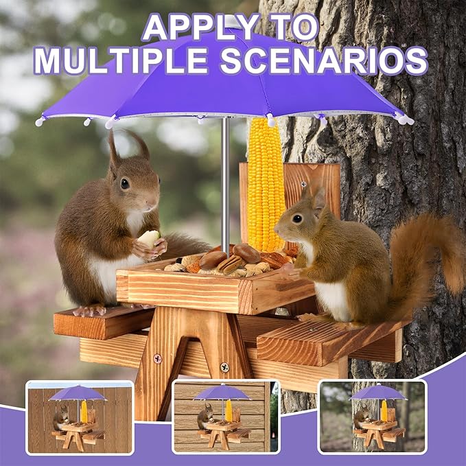 Gnodary Squirrel Feeder with Umbrella, Squirrel Feeders for Outside, Squirrel Picnic Table Feeder - Chipmunk Feeder Hold Corn, Corn Cob, Peanuts (Dark Purple)