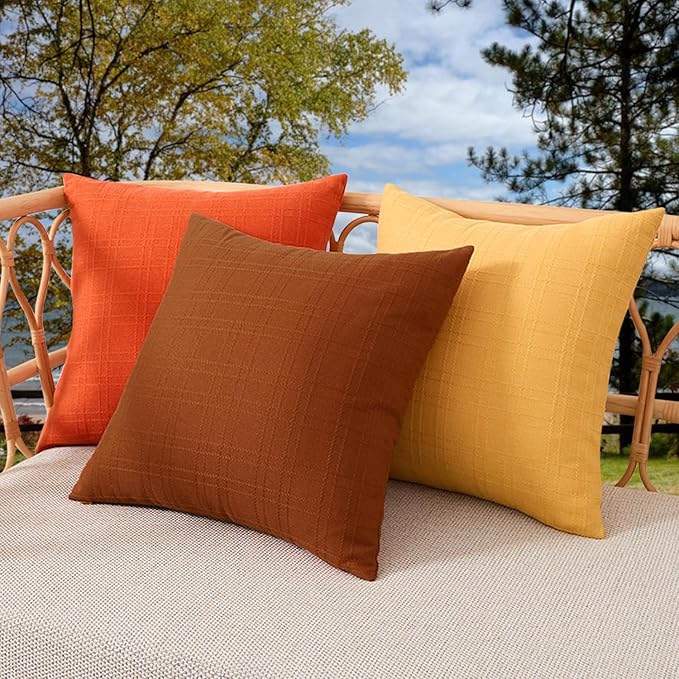 Kevin Textile Fall Pack of 2 Outdoor Waterproof Pillow Covers Checkered Decorative Cushions Sham Throw Pillowcases Shell for Patio Tent Garden Couch Bed Sofa 18x18 Inch Burnt Orange