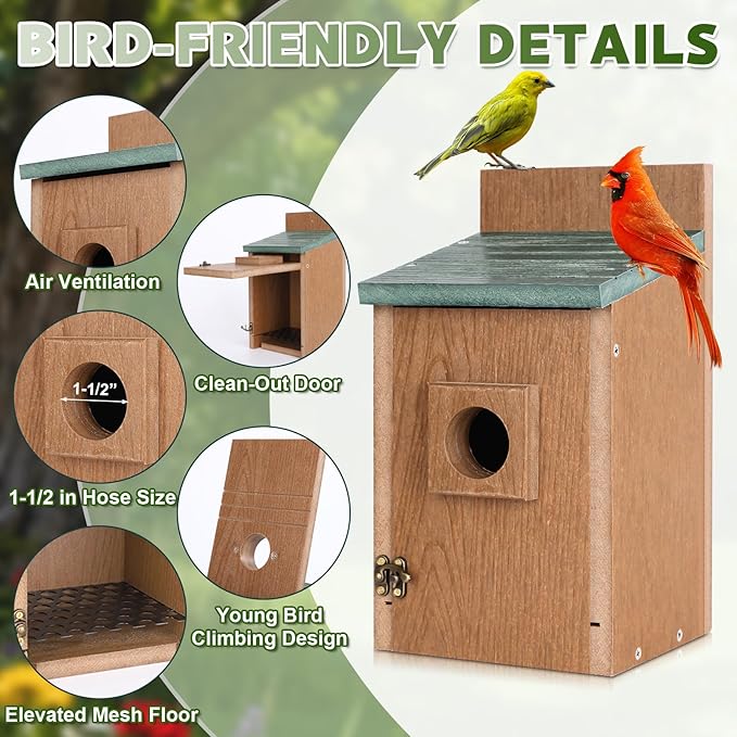 Gtongoko Recycled Plastic Bird Houses for Outside Clearance 1-1/2" Entrance Hole Blue Birdhouses for Outdoors with Air Vents Green & Brown Nesting Box for Cardinals Swallows Finches Chickadee 1 Pack